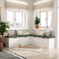Meuble d'entrée d'angle moderne blanc avec coussin et rangement, 160 cm