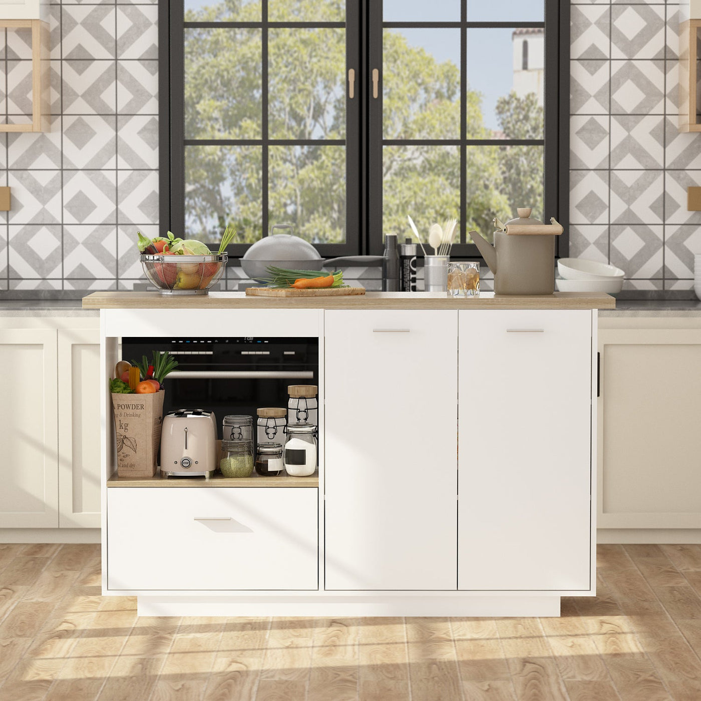 Kitchen Island with Open Storage and Adjustable Shelf Modern Style
