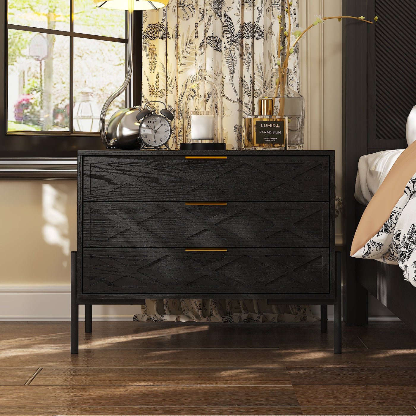 80 cm Modern Black 3-Drawer Nightstand with Metal Legs
