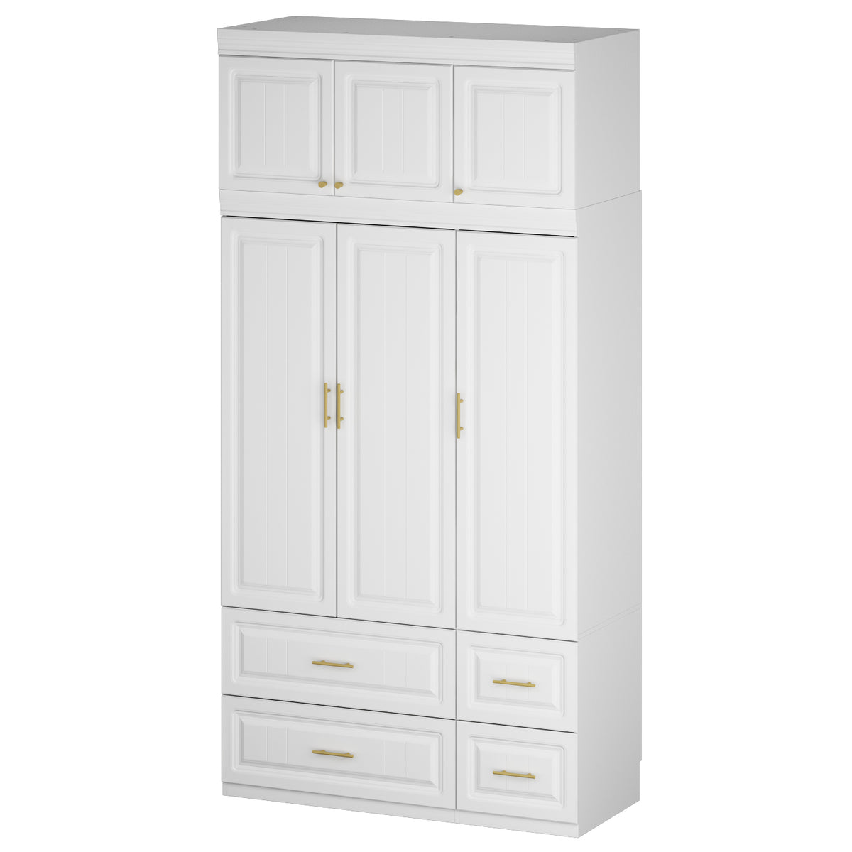 120 cm Modern White MDF Armoire with 3-Door Top Cabinet, Aluminum Hanging Rod, Quiet Glide Drawers and Anti-Tip Hardware