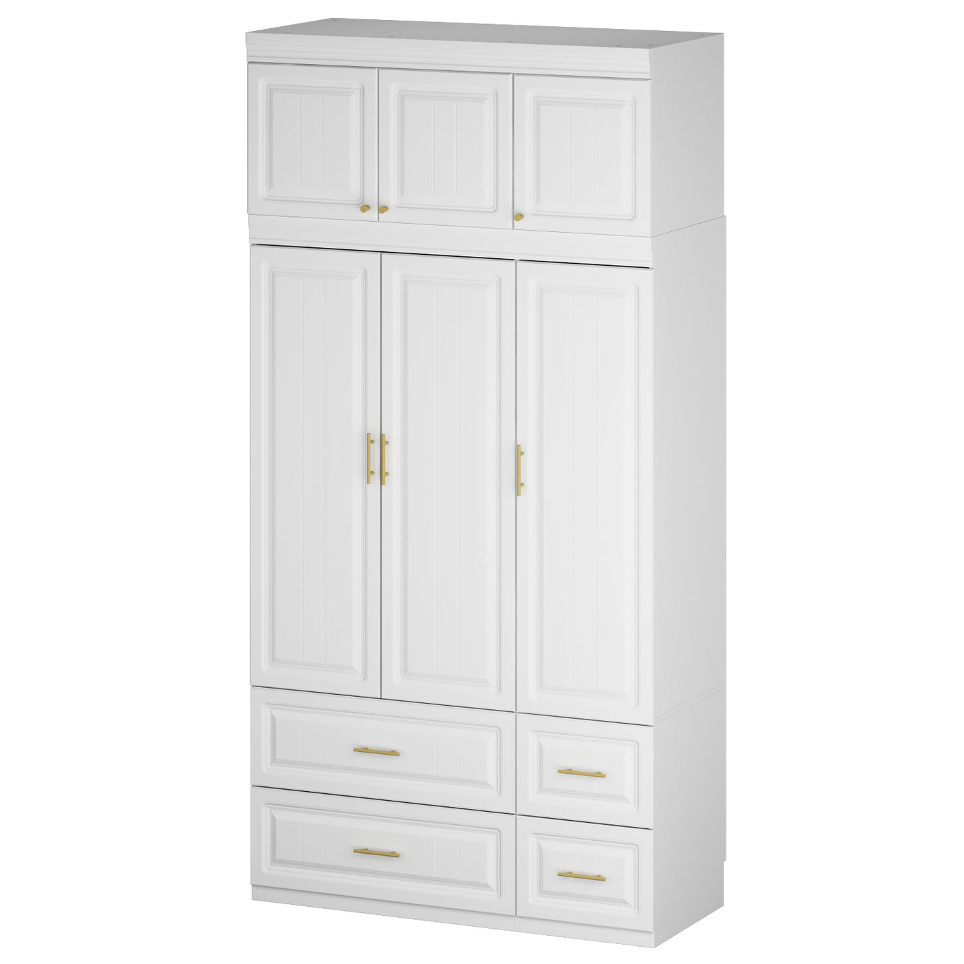 120 cm Modern White MDF Armoire with 3-Door Top Cabinet, Aluminum Hanging Rod, Quiet Glide Drawers and Anti-Tip Hardware