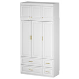 120 cm Modern White MDF Armoire with 3-Door Top Cabinet, Aluminum Hanging Rod, Quiet Glide Drawers and Anti-Tip Hardware