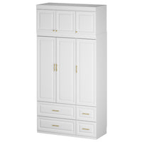 120 cm Modern White MDF Armoire with 3-Door Top Cabinet, Aluminum Hanging Rod, Quiet Glide Drawers and Anti-Tip Hardware