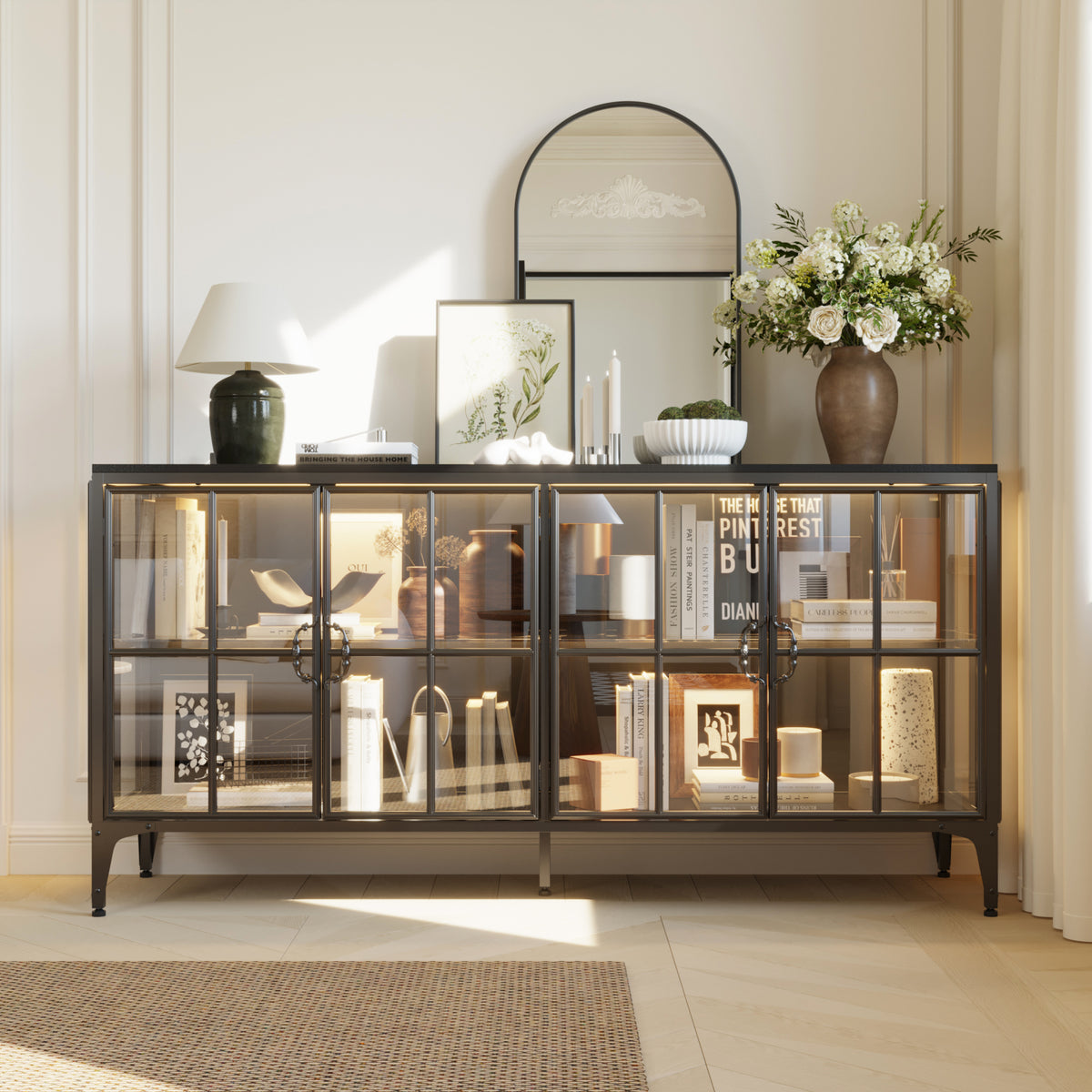 160 cm Modern Brown Sideboard Buffet Cabinet with 4 Doors and Gold Accents