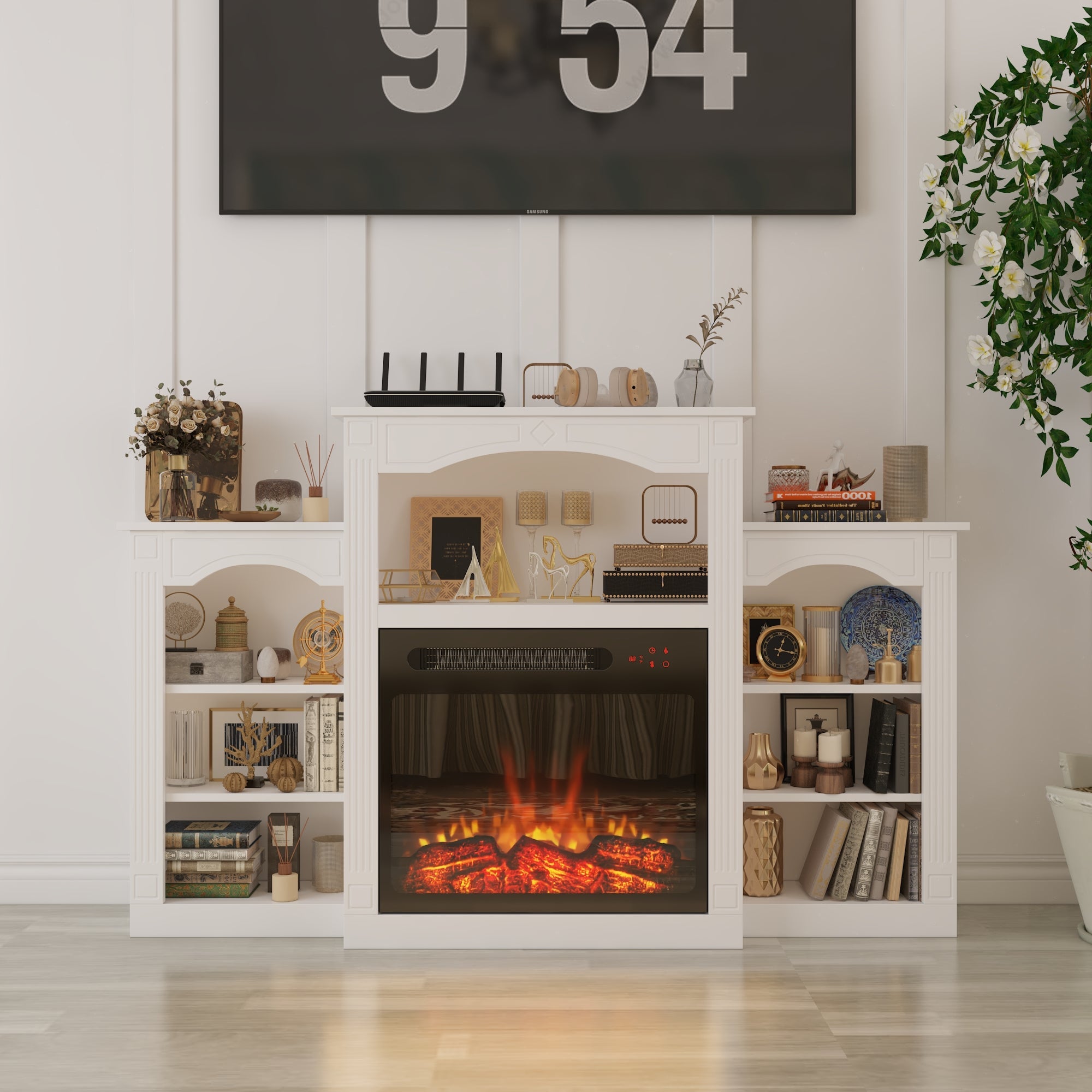 150 cm Modern Classic White TV Stand With Light Electronic Fireplace Open Shelves