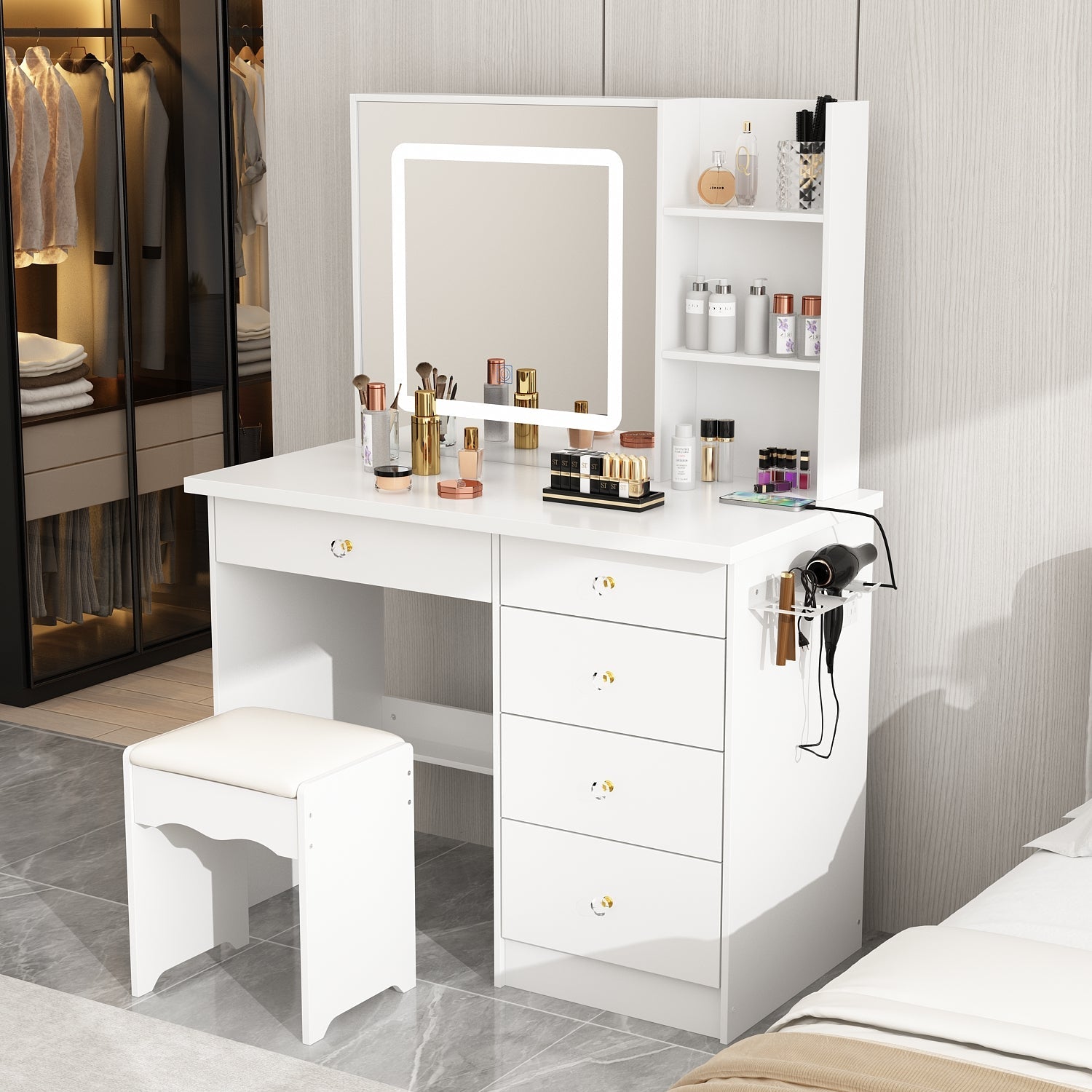 Coiffeuse moderne et minimaliste blanche de 100 cm avec miroir lumineux et prise