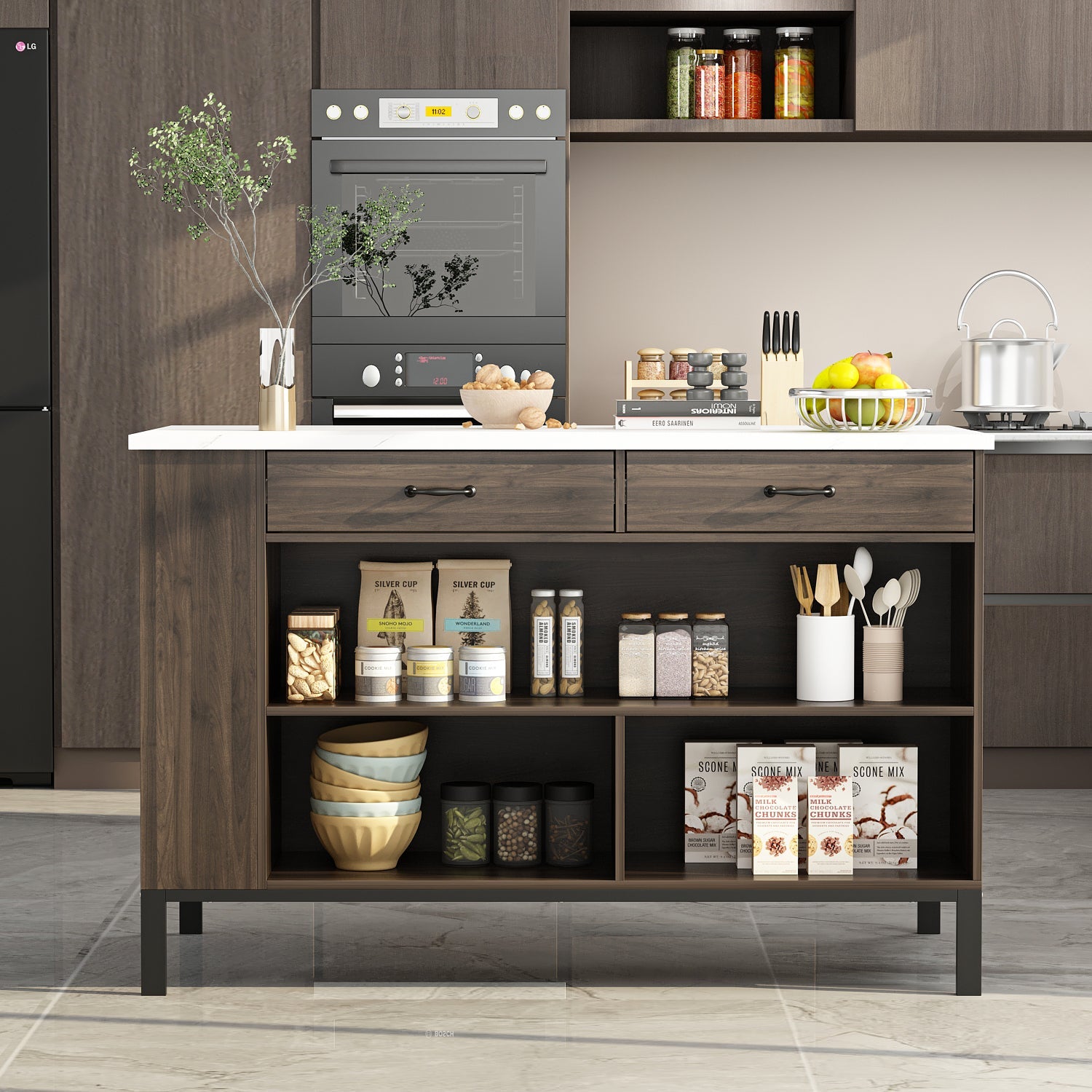 55,1 pouces Îlot de cuisine moderne marron foncé avec dessus en bois massif et manufacturé