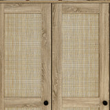 160 cm Rustic 4-Door Wardrobe Armoire with Rattan Paneling, 6 Drawers & 2 Hanging Rods