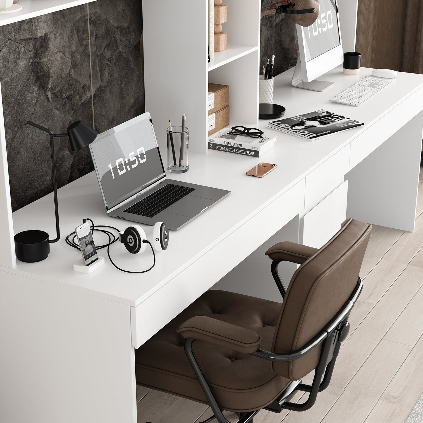 240 cm Modern White Desk with Hinged Doors and Pull-out Drawers