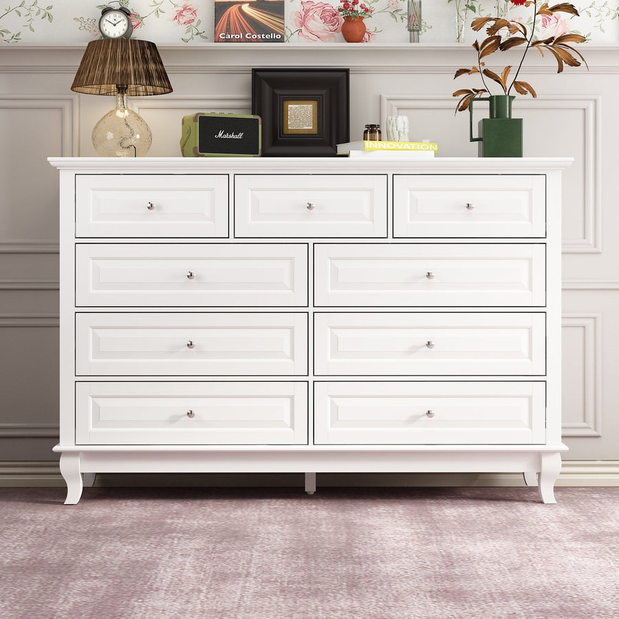 Commodes et chiffonniers traditionnels blancs de 139,9 cm avec 9 tiroirs coulissants