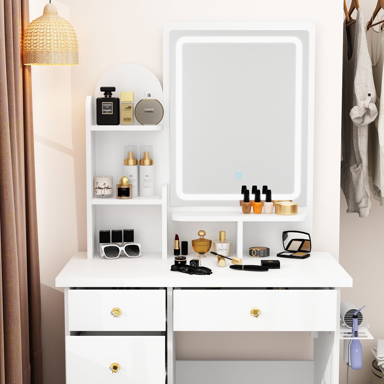 80 cm Modern White Glam Makeup Vanity Set with Socket, LED Light and Stool