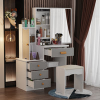90 cm Modern White/Black Vanity Set with Sliding Mirror, 4 Drawers, Shelves and Cushioned Stool