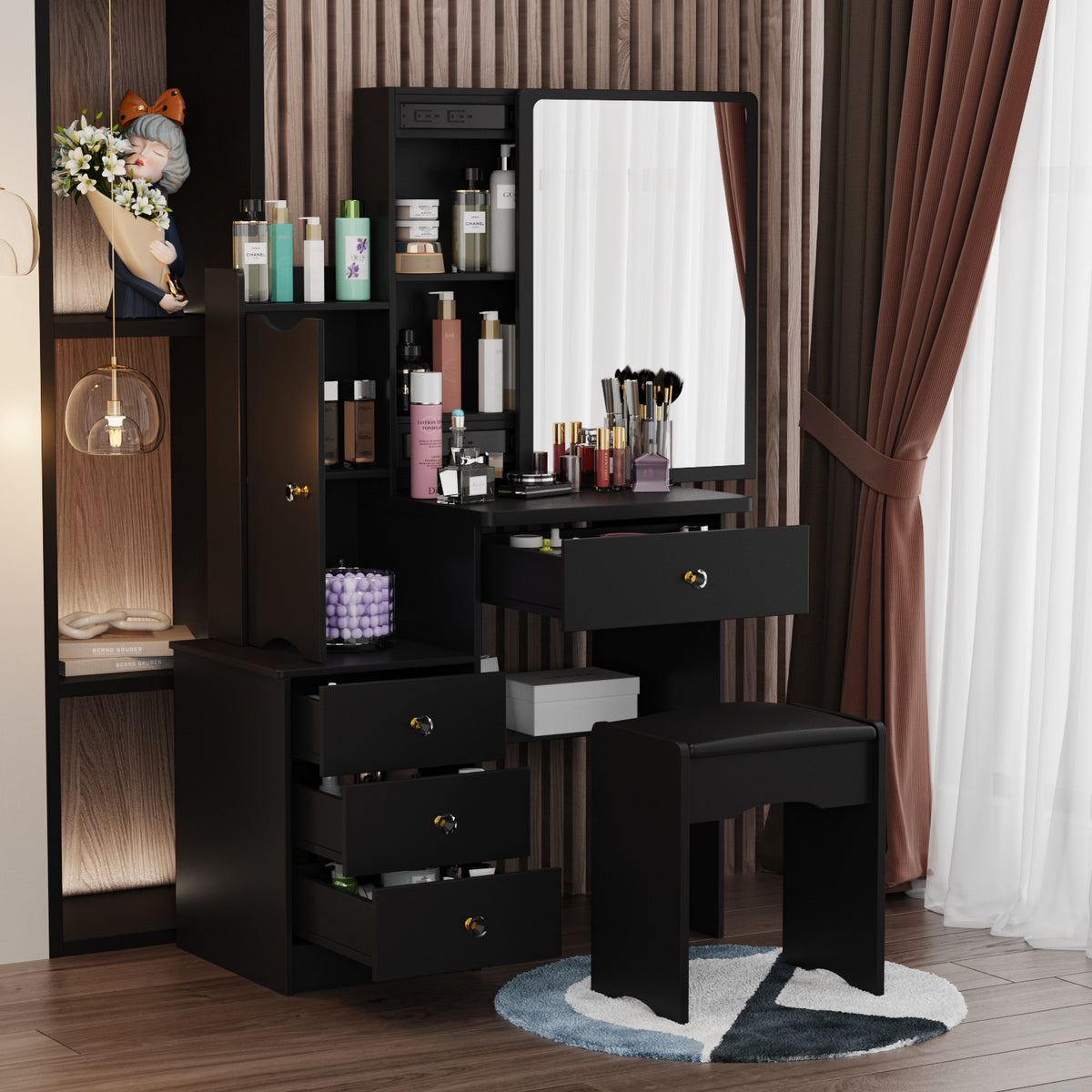90 cm Modern White/Black Vanity Set with Sliding Mirror, 4 Drawers, Shelves and Cushioned Stool