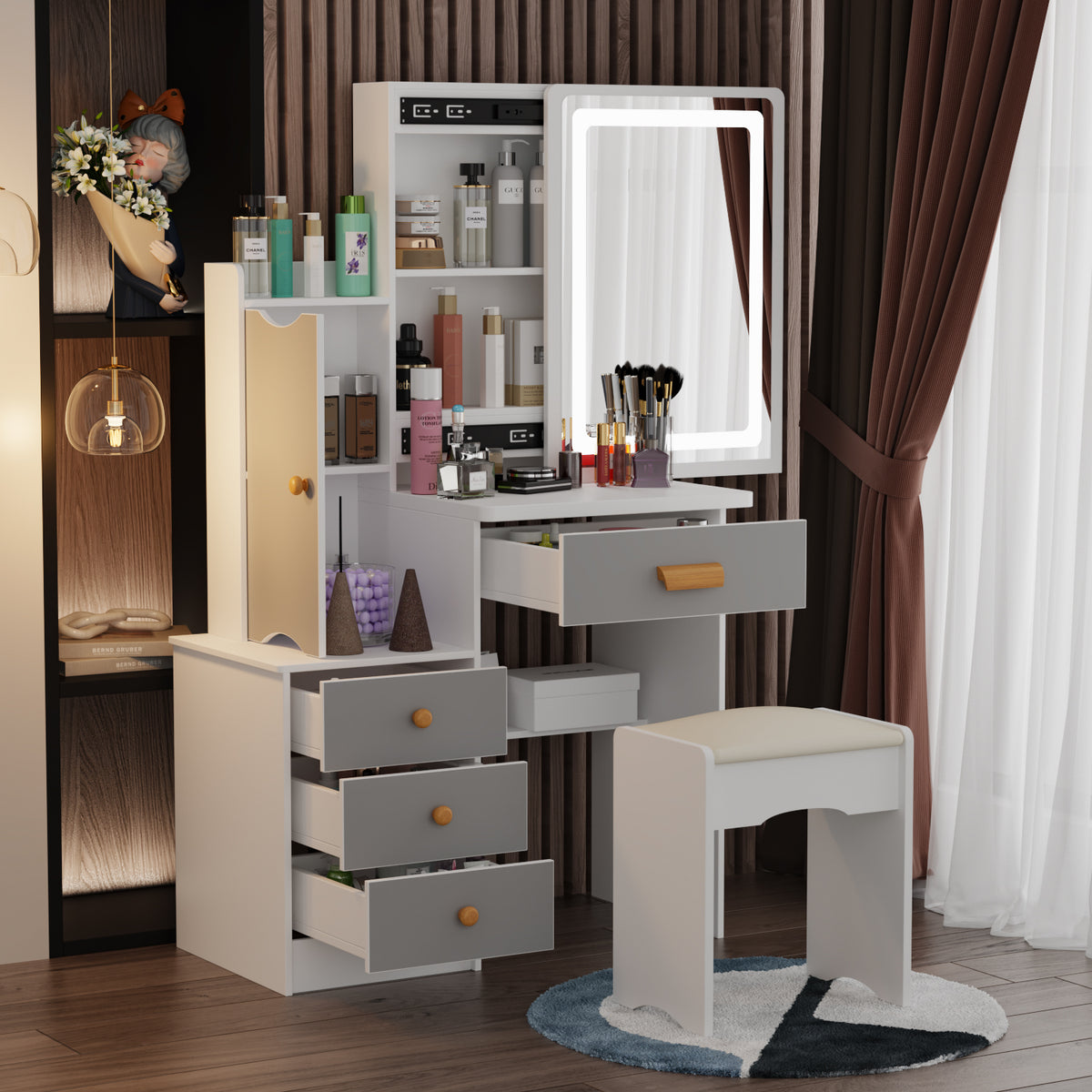90 cm Modern White/Black Vanity Set with Sliding Mirror, 4 Drawers, Shelves and Cushioned Stool