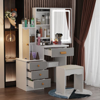 90 cm Modern White/Black Vanity Set with Sliding Mirror, 4 Drawers, Shelves and Cushioned Stool