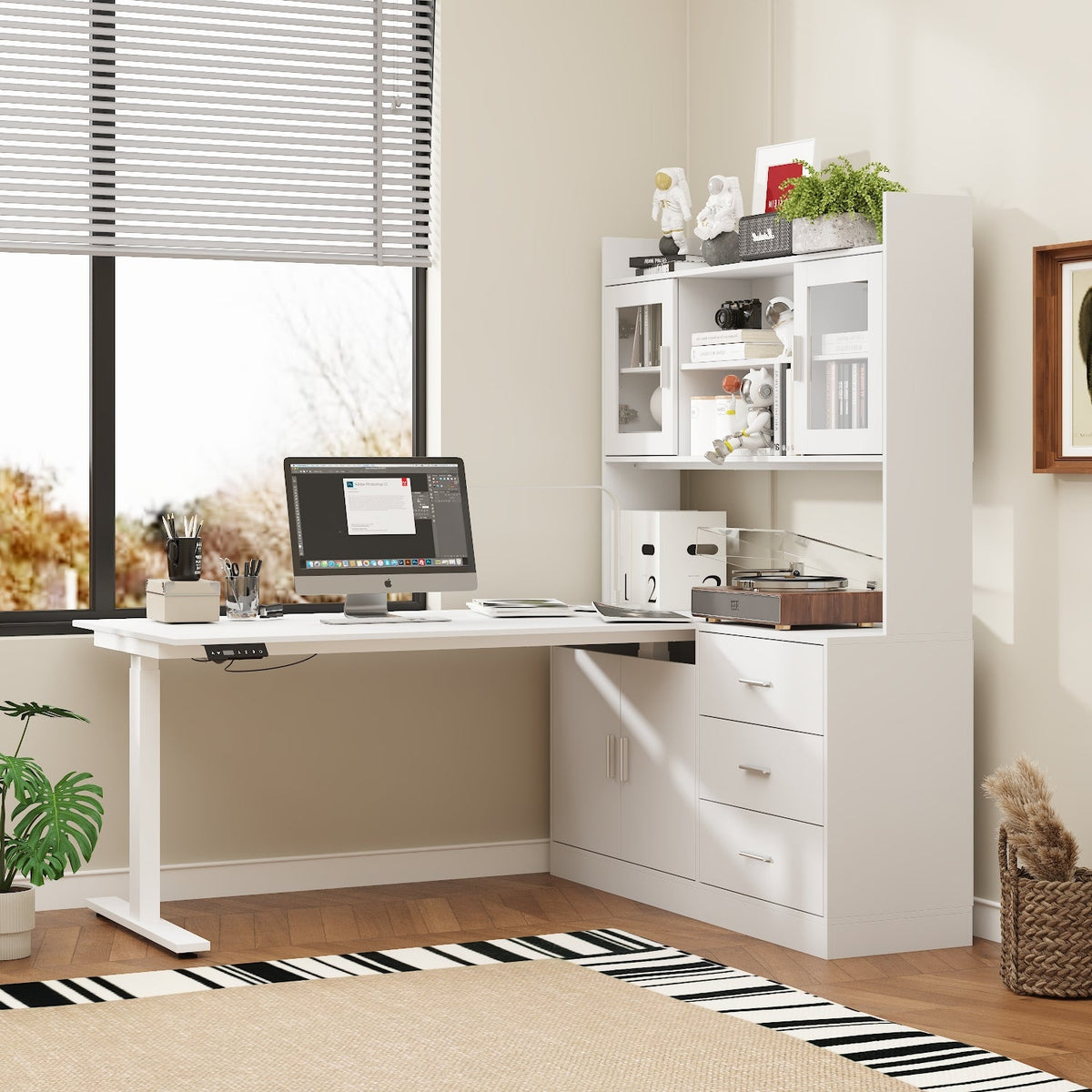 Bureau d'ordinateur élévateur blanc moderne de 174 cm avec bibliothèque