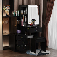 90 cm Modern White/Black Vanity Set with Sliding Mirror, 4 Drawers, Shelves and Cushioned Stool