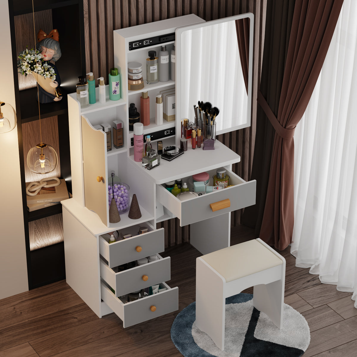 90 cm Modern White/Black Vanity Set with Sliding Mirror, 4 Drawers, Shelves and Cushioned Stool