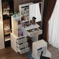 90 cm Modern White/Black Vanity Set with Sliding Mirror, 4 Drawers, Shelves and Cushioned Stool