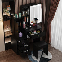 90 cm Modern White/Black Vanity Set with Sliding Mirror, 4 Drawers, Shelves and Cushioned Stool