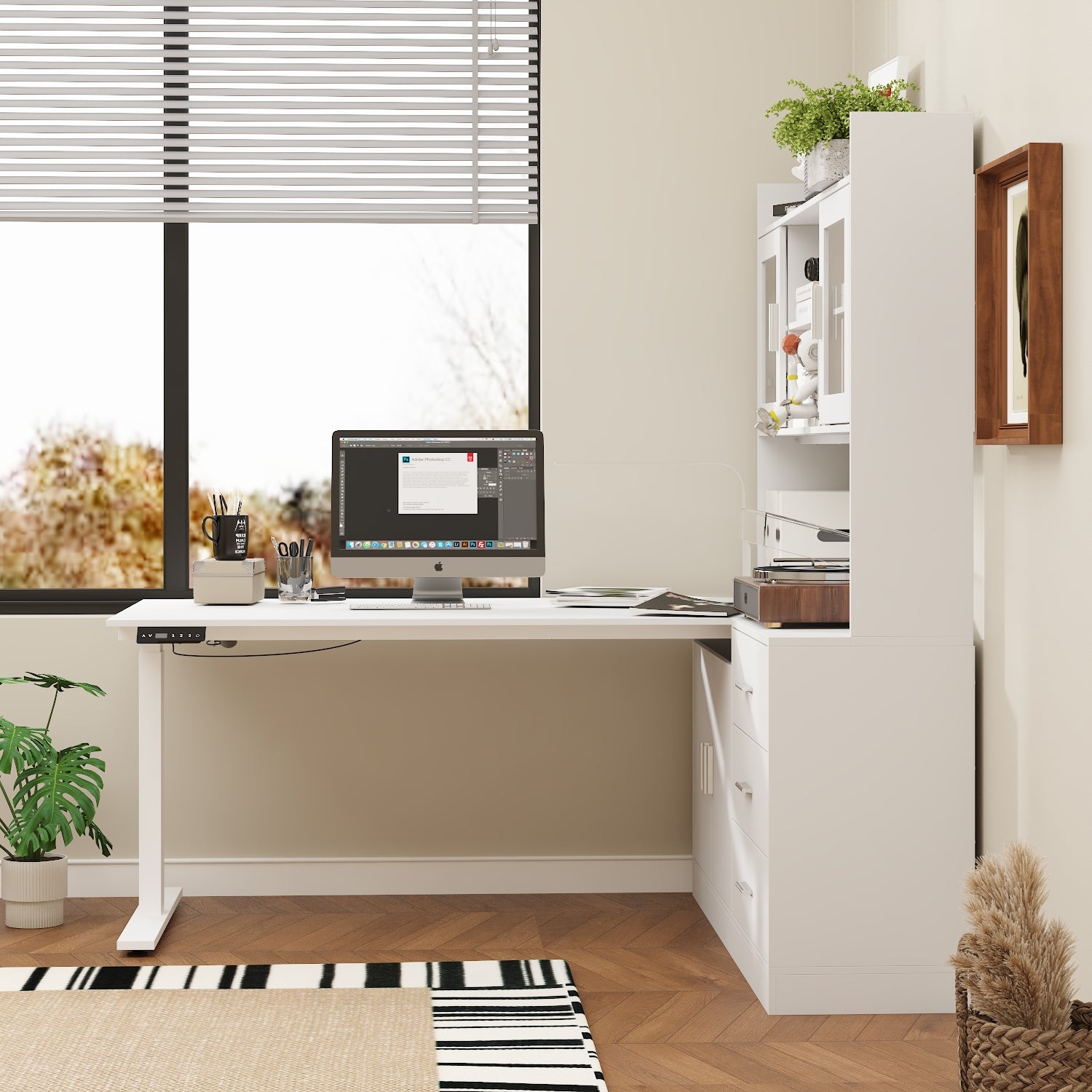 174 cm Modern White Standing Desk with Bookcase