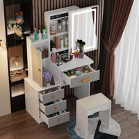90 cm Modern White/Black Vanity Set with Sliding Mirror, 4 Drawers, Shelves and Cushioned Stool