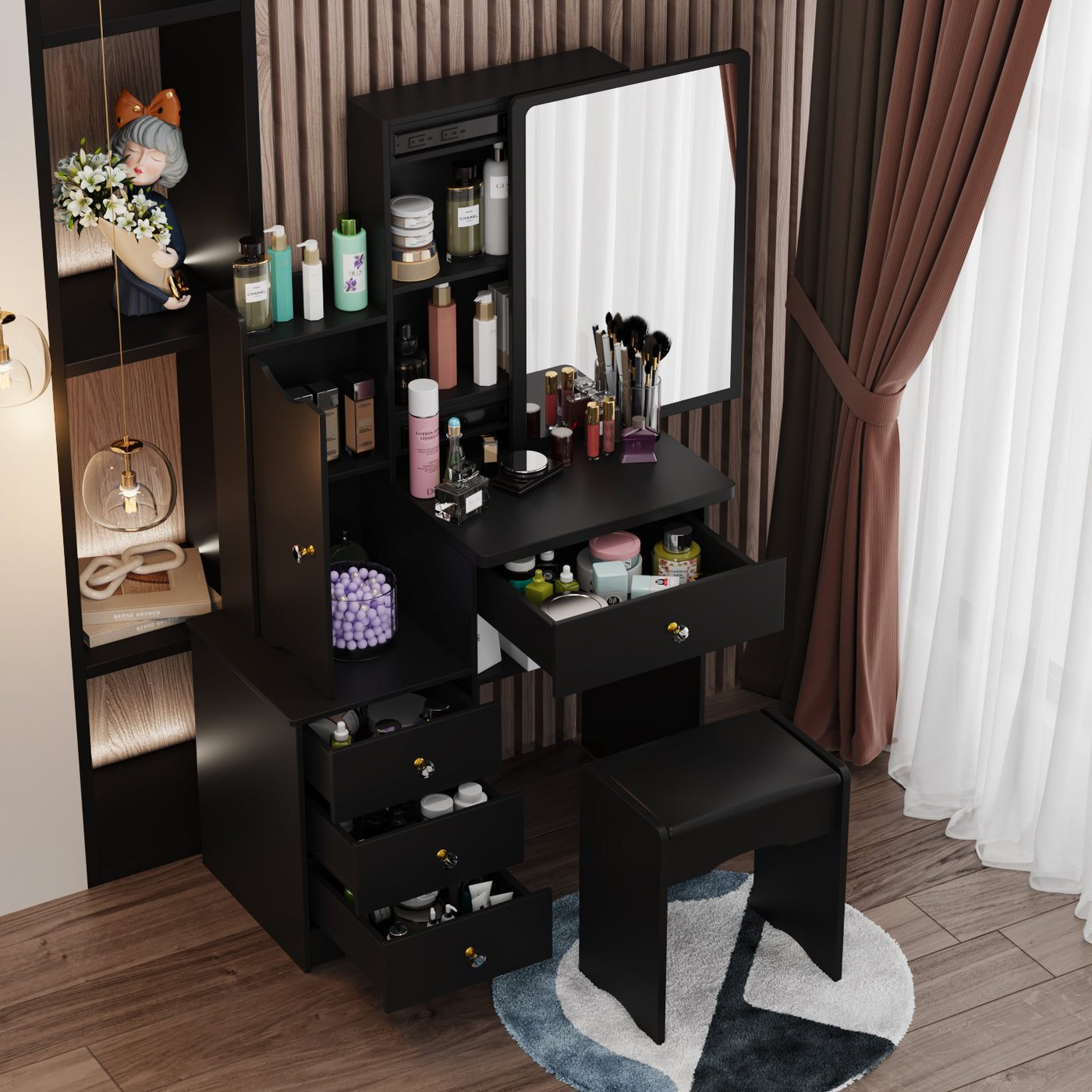 90 cm Modern White/Black Vanity Set with Sliding Mirror, 4 Drawers, Shelves and Cushioned Stool