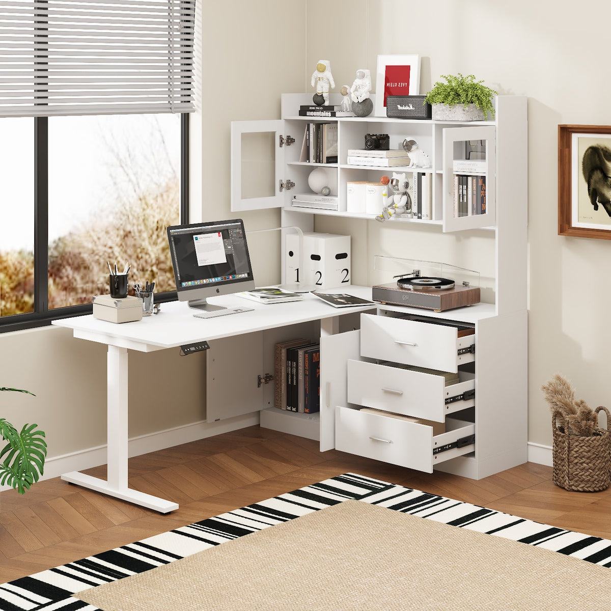 Bureau d'ordinateur élévateur blanc moderne de 174 cm avec bibliothèque