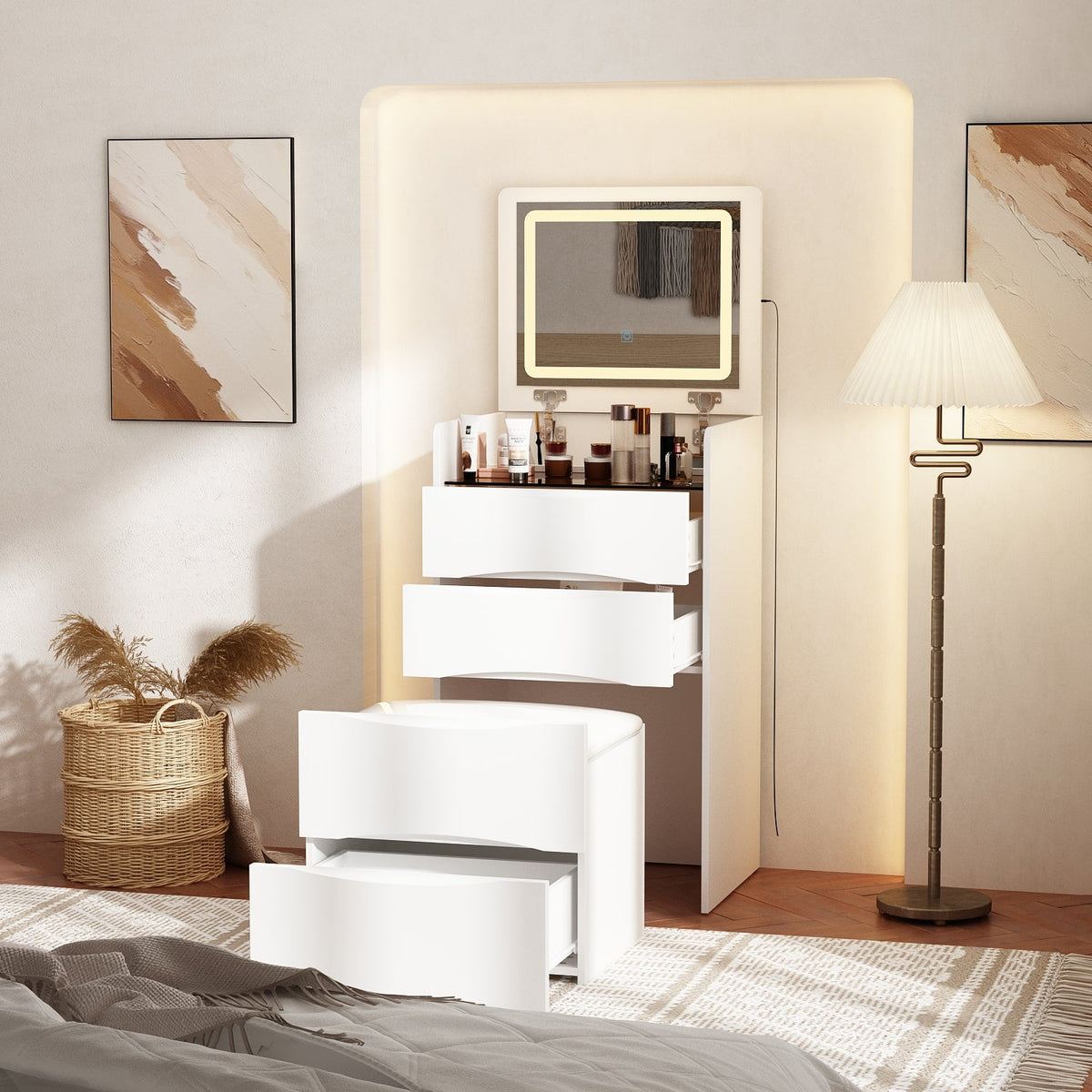 Coiffeuse moderne blanche de 47,5 cm avec lumières et miroir rabattable
