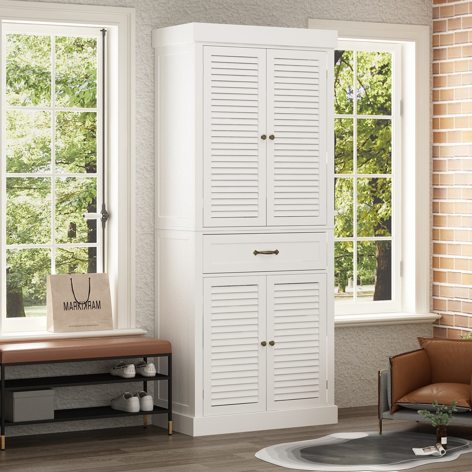 76.2 cm Modern Minimalist White Tall Storage Cabinet with 6-Tier Adjustable Shelves, Drawers and Shutter Door