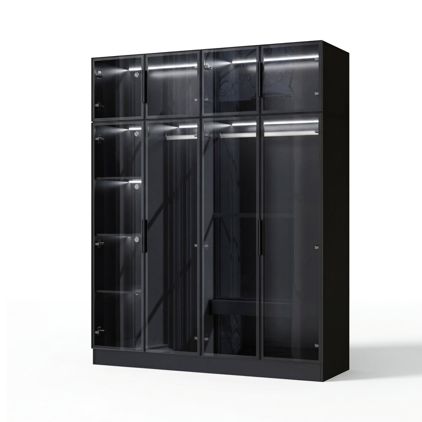 Modern wardrobe with clothes and shelves in a well-lit room
