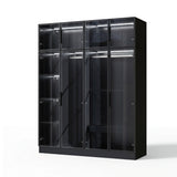 Modern wardrobe with clothes and shelves in a well-lit room