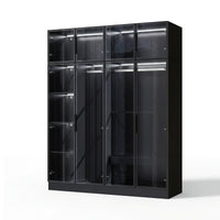 Modern wardrobe with clothes and shelves in a well-lit room