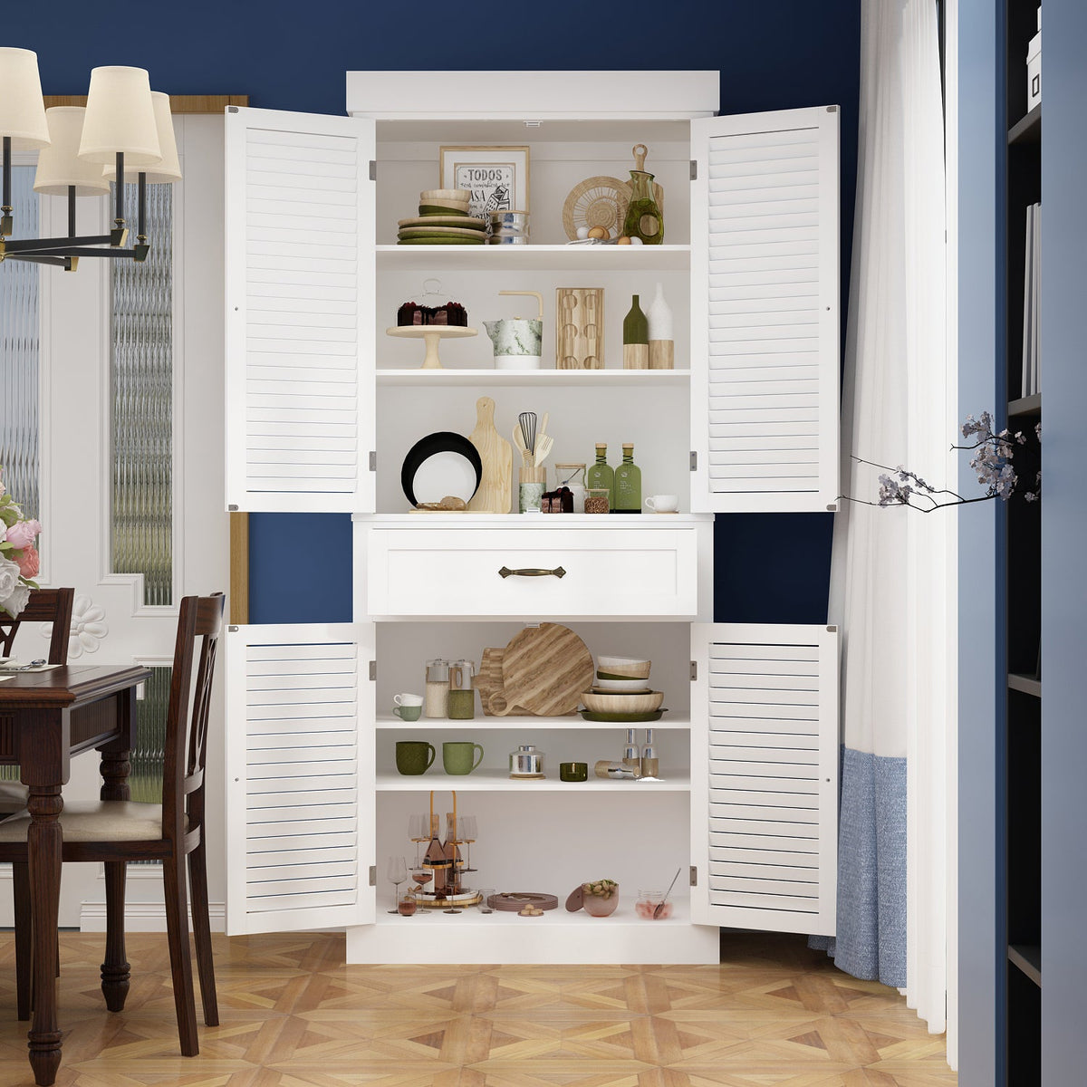 76.2 cm Modern Minimalist White Tall Storage Cabinet with 6-Tier Adjustable Shelves, Drawers and Shutter Door