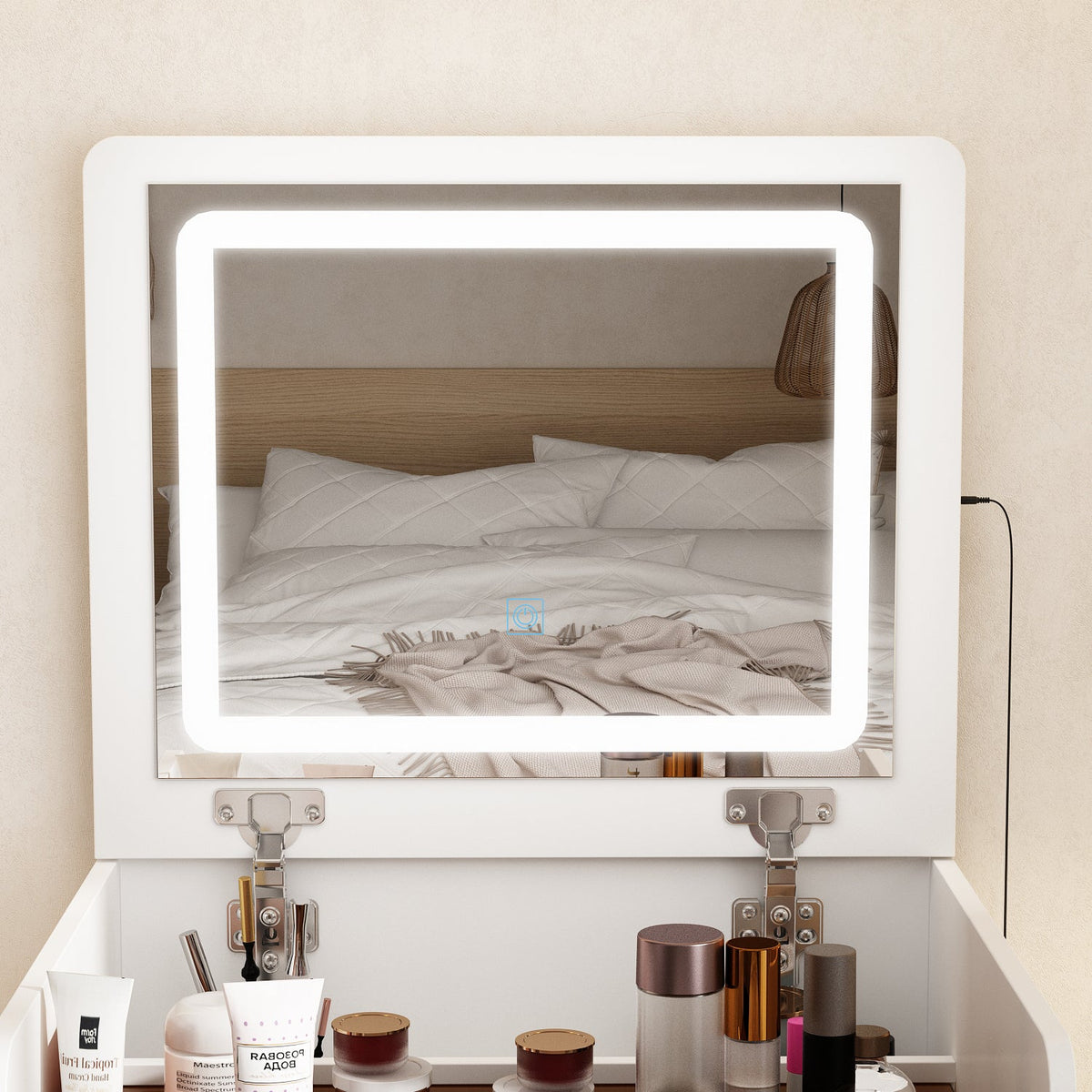 Coiffeuse moderne blanche de 47,5 cm avec lumières et miroir rabattable