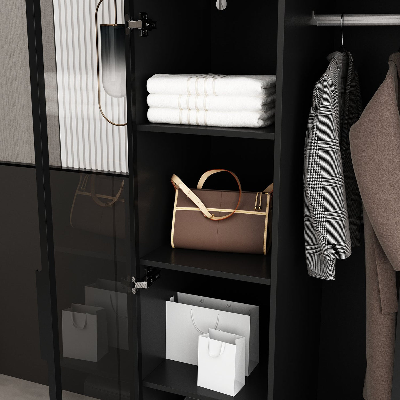 Modern wardrobe with clothes and shelves in a well-lit room