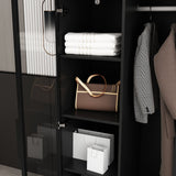 Modern wardrobe with clothes and shelves in a well-lit room