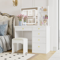 Table de toilette moderne blanche de 39,4 pouces, coiffeuse avec grand miroir coulissant éclairé et 5 tiroirs, étagères cachées