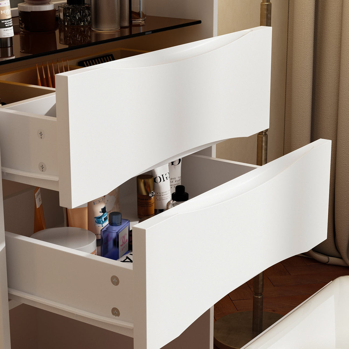 Coiffeuse moderne blanche de 47,5 cm avec lumières et miroir rabattable