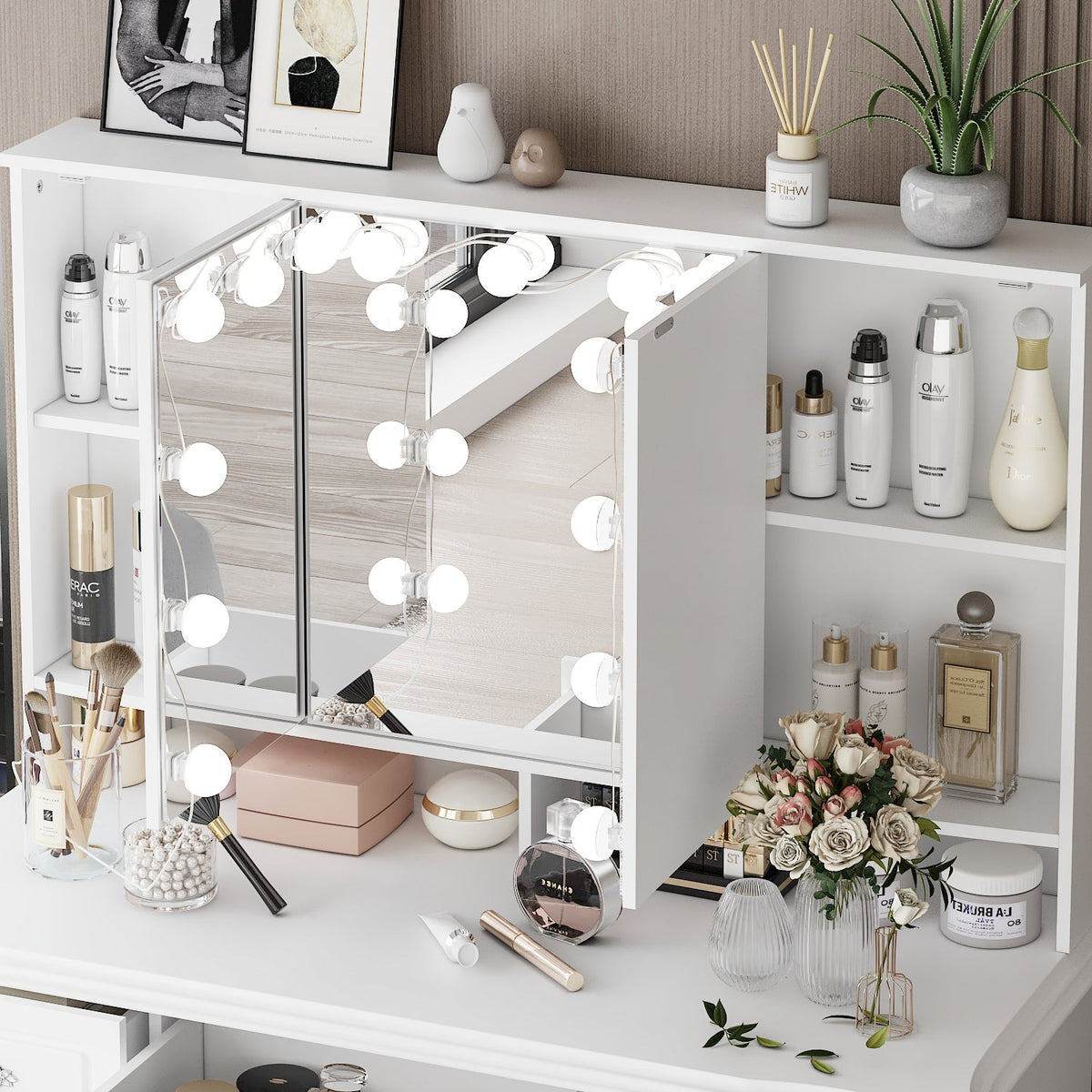 Table de toilette moderne minimaliste blanche de 110 cm avec 7 tiroirs, lumières et miroir