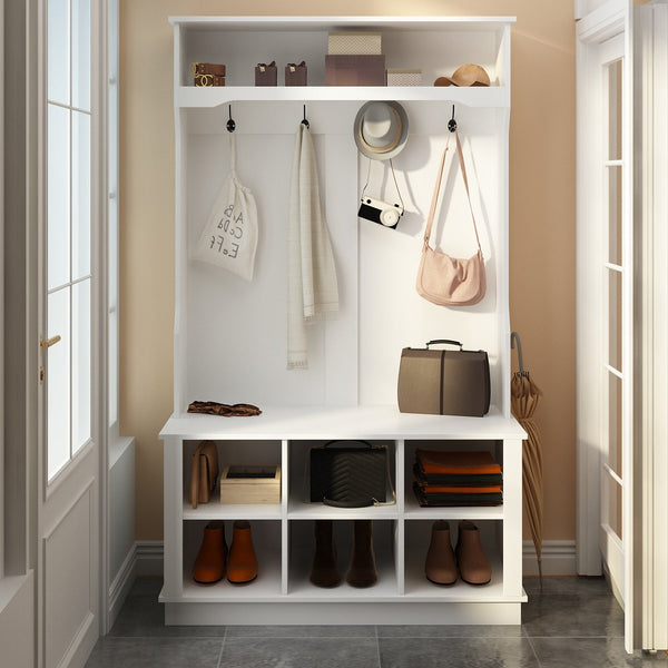 101 cm Modern Minimalist White 3-in-1 Hall Tree with Shoe Rack, Entryway Coat Rack and Storage Bench