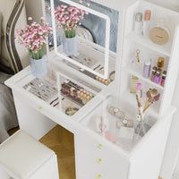 Table de toilette moderne blanche de 39,4 pouces, coiffeuse avec grand miroir coulissant éclairé et 5 tiroirs, étagères cachées