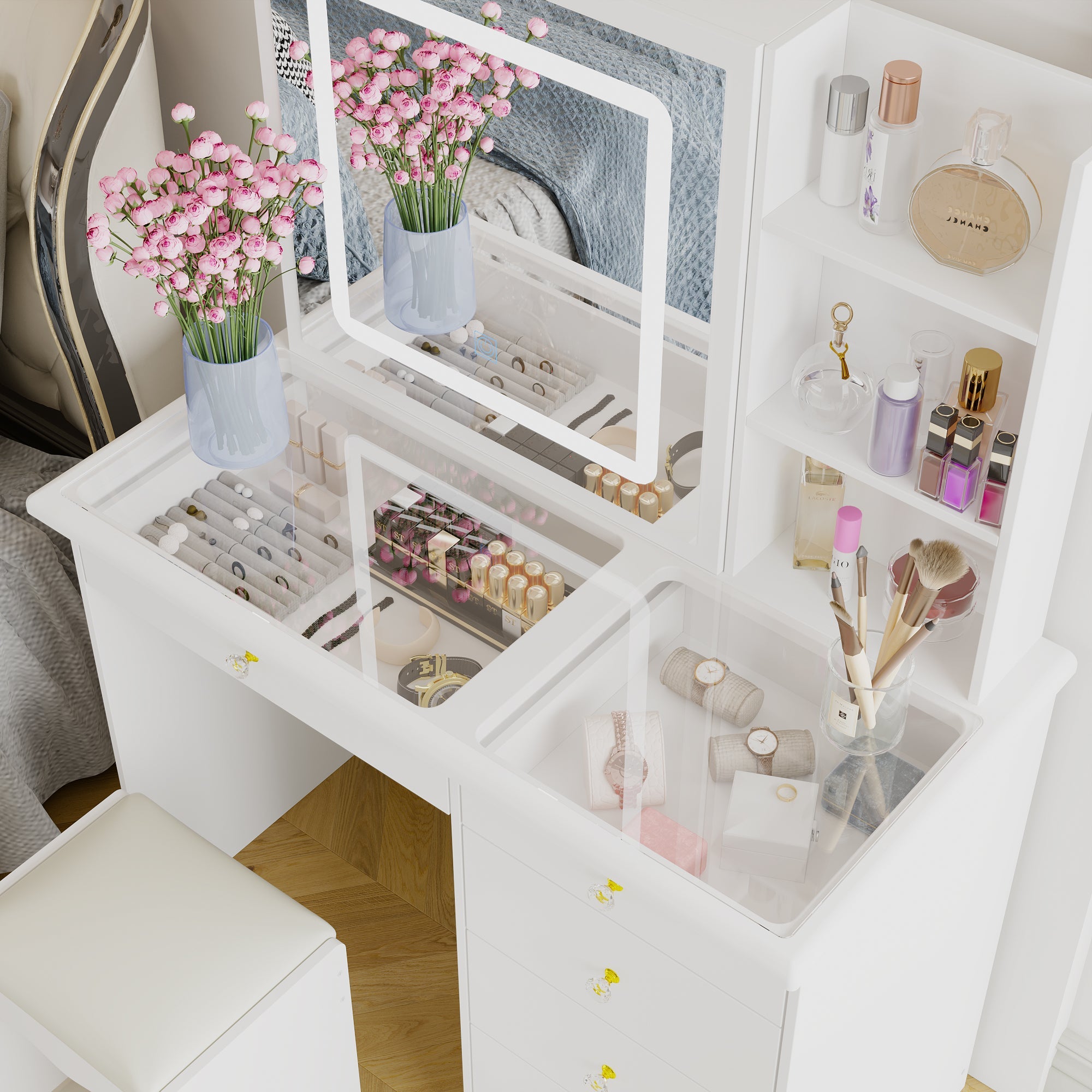 Table de toilette moderne blanche de 39,4 pouces, coiffeuse avec grand miroir coulissant éclairé et 5 tiroirs, étagères cachées