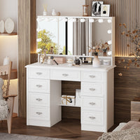 Table de toilette moderne minimaliste blanche de 110 cm avec 7 tiroirs, lumières et miroir
