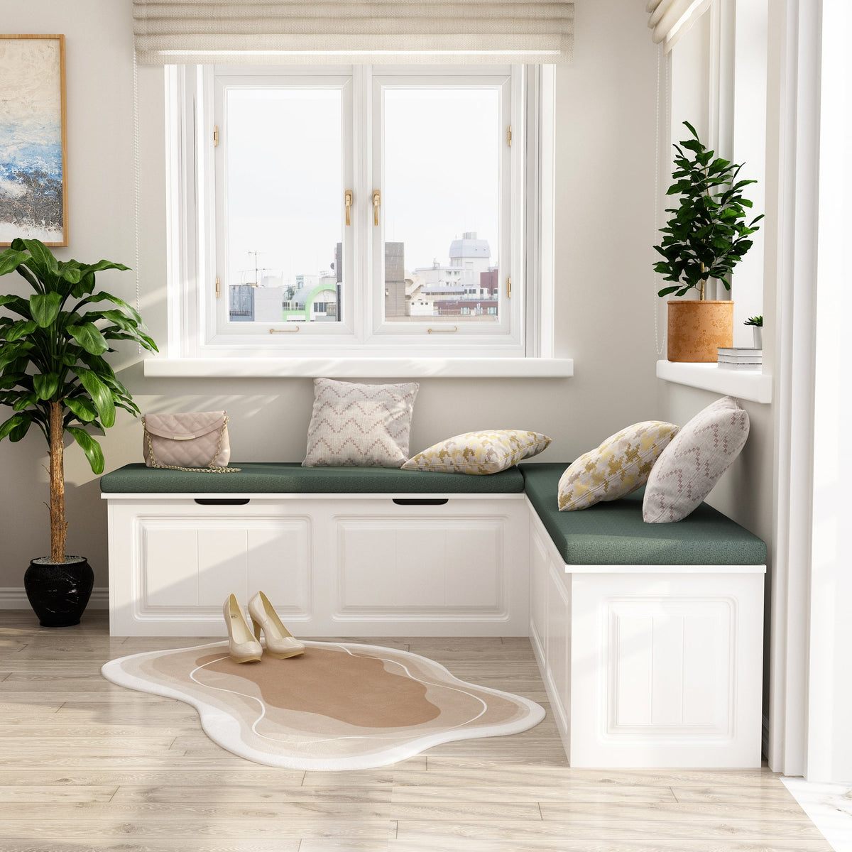 Meuble d'entrée d'angle moderne blanc avec coussin et rangement, 160 cm
