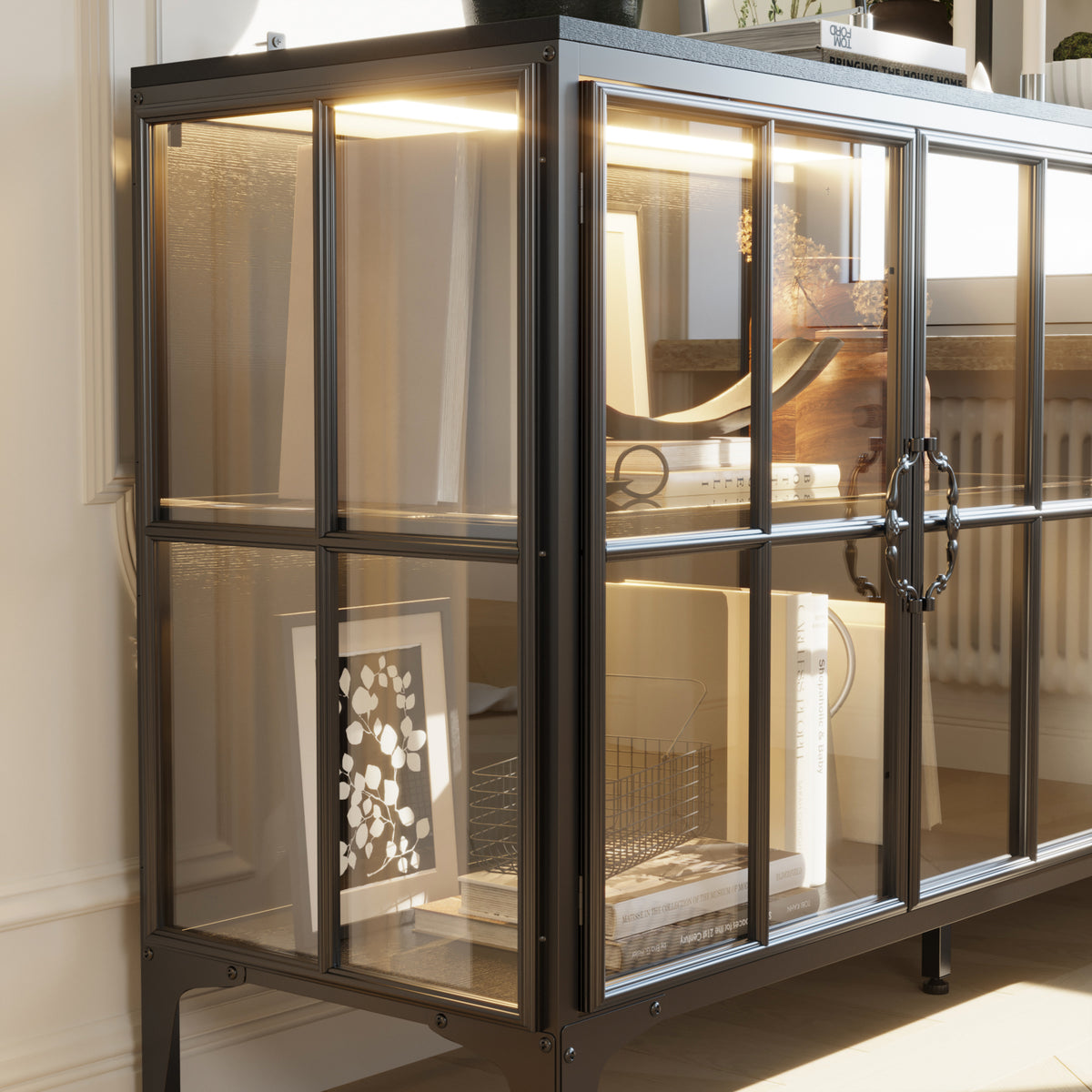160 cm Modern Brown Sideboard Buffet Cabinet with 4 Doors and Gold Accents