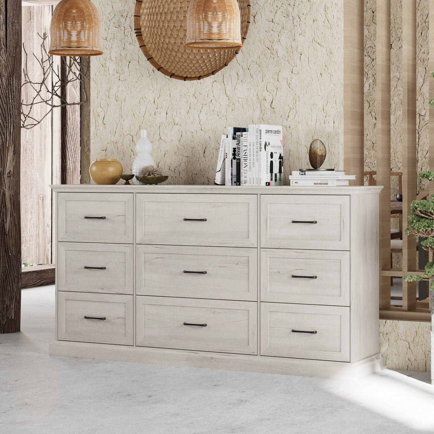 180 cm Modern White/Gray Dresser with 9 Drawers