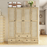 160 cm Rustic 4-Door Wardrobe Armoire with Rattan Paneling, 6 Drawers & 2 Hanging Rods