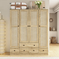 Armoire rustique à 4 portes de 160 cm avec panneaux en rotin, 6 tiroirs et 2 tringles de suspension