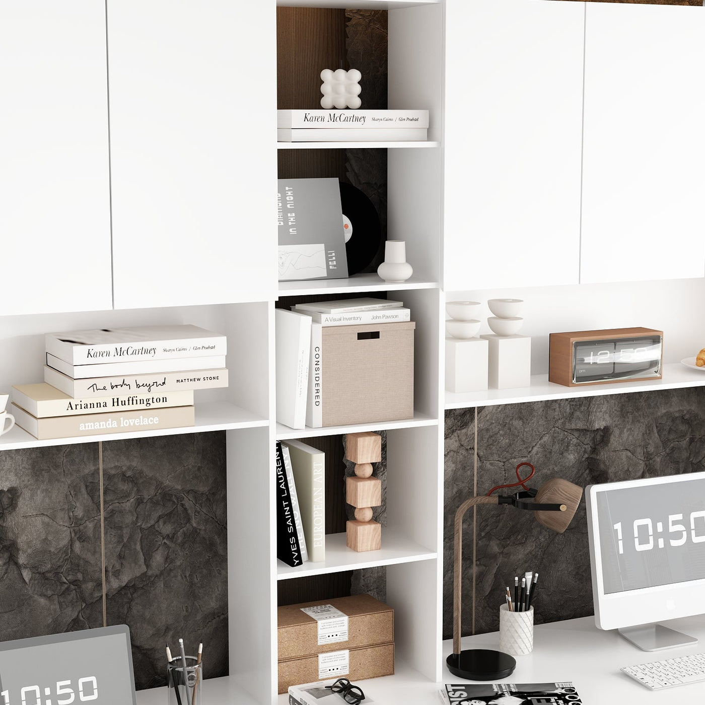 240 cm Modern White Desk with Hinged Doors and Pull-out Drawers